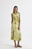 Yırtmaçlı Kolsuz Likralı Viskon Elbise | ELB35734 FISTIK YEŞİLİ BATİK