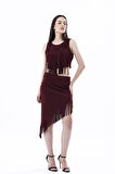 Saçaklı Az Simetrik Abiye  Etek | Etk35737 Bordo