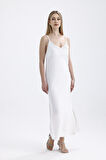 Taş Detaylı Uzun Askılı Elbise | ELB34521 Ekru