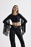 Crop Püskül Detaylı Uzun Kol  Suni Deri Bluz | Blz35780 Siyah