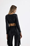 Crop Püskül Detaylı Uzun Kol  Suni Deri Bluz | Blz35780 Siyah