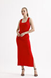 Yırtmaçlı Sırt Dekolteli Çapraz Askılı  Kolsuz Kare Yaka Viskon Elbise | 35781 Kırmızı