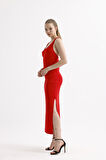 Yırtmaçlı Sırt Dekolteli Çapraz Askılı  Kolsuz Kare Yaka Viskon Elbise | 35781 Kırmızı