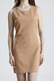 Yarım Astarlı Arkası Fermuarlı Taşlı Kolsuz Scuba Krep Abiye  Elbise | ELB35793 Bej