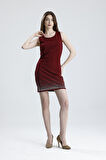Yarım Astarlı Arkası Fermuarlı Taşlı Kolsuz Scuba Krep Abiye  Elbise | ELB35793 Bordo