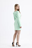 Uzun Kol Kare Yaka Taş Detaylı Mini Elbise | Elb35869 Su Yeşili Yeşil
