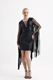 Ön Arka Lazer Kesim Kol Ve Arka Püsküllü Suni Deri Abiye Elbise | ELB35849 Siyah