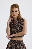 Leopar Desenli Astarlı Moss Krep Kolsuz Crop Ceket | YLK35955 Leopar Desenli