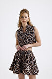 Leopar Desenli Astarlı Moss Krep Kolsuz Crop Ceket | YLK35955 Leopar Desenli