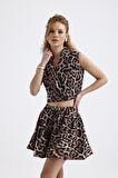 Leopar Desenli Astarlı Moss Krep Kolsuz Crop Ceket | YLK35955 Leopar Desenli
