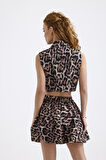 Leopar Desenli Astarlı Moss Krep Kolsuz Crop Ceket | YLK35955 Leopar Desenli