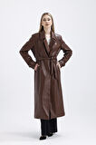 Astarlı Beli Kuşaklı  Apoletli  Suni Deri Trençkot Pardüsü ÇİKOLATA