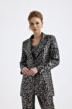 İci Astarlı Desenli Abiye Pul payet Ceket | CKT34264 Siyah Gold Leopar