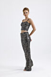 Sense Geniş Paçalı Payet Pantolon | Pnt32440 Siyah Gold Leopar