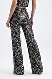 Sense Geniş Paçalı Payet Pantolon | Pnt32440 Siyah Gold Leopar