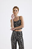 Gloplu Fermuarlı Pul Payet Bustiyer | BUS32675 Siyah Gold Leopar