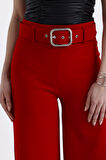 Yanları Kumaş Kaplama Kemerli İspanyol Paça Scuba Krep Pantolon | PNT33393 Koyu Kırmızı