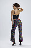 Astarlı Lastikli Geniş Paça Payetli Abiye Pantolon | Pnt33970 Siyah Gökkuşağı