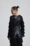 Payetli Tül Kol Crop Bluz | BUST36090 Siyah