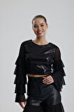 Payetli Tül Kol Crop Bluz | BUST36090 Siyah