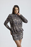 Sırt Dekolte Büzgülü  Sandy Abiye Elbise | ELB36127 Leopar Desenli