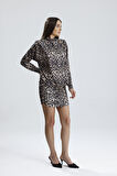 Sırt Dekolte Büzgülü  Sandy Abiye Elbise | ELB36127 Leopar Desenli