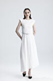 Vatkalı Kemer detaylı Kolsuz Uzun Elbise | ELB36216 Beyaz