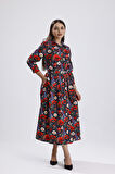 Yandan Cepli Kemerli Önü Düğmeli Uzun Elbise | ELB36264 Çiçek Desenli