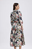 Önü Düğmeli Karışık Çiçek Baskılı  Uzun Elbise | ELB36265 Karışık Çiçekli