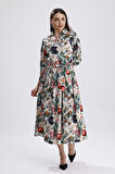 Önü Düğmeli Karışık Çiçek Baskılı  Uzun Elbise | ELB36265 Karışık Çiçekli