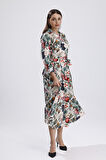 Önü Düğmeli Karışık Çiçek Baskılı  Uzun Elbise | ELB36265 Karışık Çiçekli