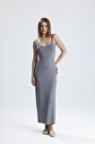 Yırtmaçlı Askılı Likralı Viskon Elbise | ELB35782 Grı