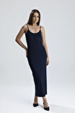 Yırtmaçlı Askılı Likralı Viskon Elbise | ELB35782 Lacivert