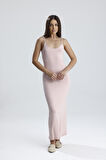 Yırtmaçlı Askılı Likralı Viskon Elbise | ELB35782 Pudra
