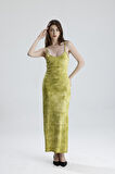 Yırtmaçlı Askılı Likralı Viskon Elbise | ELB35782 FISTIK YEŞİLİ BATİK