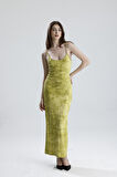Yırtmaçlı Askılı Likralı Viskon Elbise | ELB35782 FISTIK YEŞİLİ BATİK