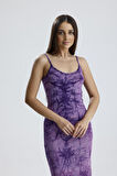 Yırtmaçlı Askılı Likralı Viskon Elbise | ELB35782 Mor Batik