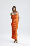 Yırtmaçlı Askılı Likralı Viskon Elbise | ELB35782 ORANJ BATİK