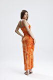 Yırtmaçlı Askılı Likralı Viskon Elbise | ELB35782 ORANJ BATİK