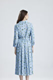 PİLELİ BELİ KEMERLİ ÇİÇEKLİ VİSKON ELBİSE | ELB36219 Mavi Çiçekli