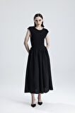 ALT TRİCOTTON ÜST LİKRALI  VİSKON BELİ LASTİKLİ KOLSUZ ELBİSE | ELB36283 Siyah
