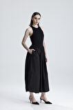 ALT DOKUMA ÜST TÜRLÜ VİSKON KOLSUZ ELBİSE | ELB36288 Siyah