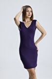 V Yaka Kolsuz Viskon Elbise | Elb35023 Mor