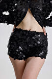 Astarlı Pul Detaylı Abiye  Payet Şort | ŞRT36396 Siyah