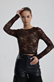 Dantel Uzun Kollu Crop Bluz | BUST36259 Kahve