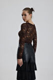 Dantel Uzun Kollu Crop Bluz | BUST36259 Kahve