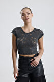 Dantel Transparan Kısa Kollu Bluz | BUST35379 Grı
