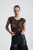 Dantel Transparan Kısa Kollu Bluz | BUST35379 Kahve
