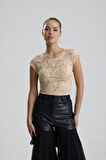 Dantel Transparan Kısa Kollu Bluz | BUST35379 Somon