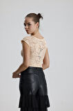 Dantel Transparan Kısa Kollu Bluz | BUST35379 Somon
